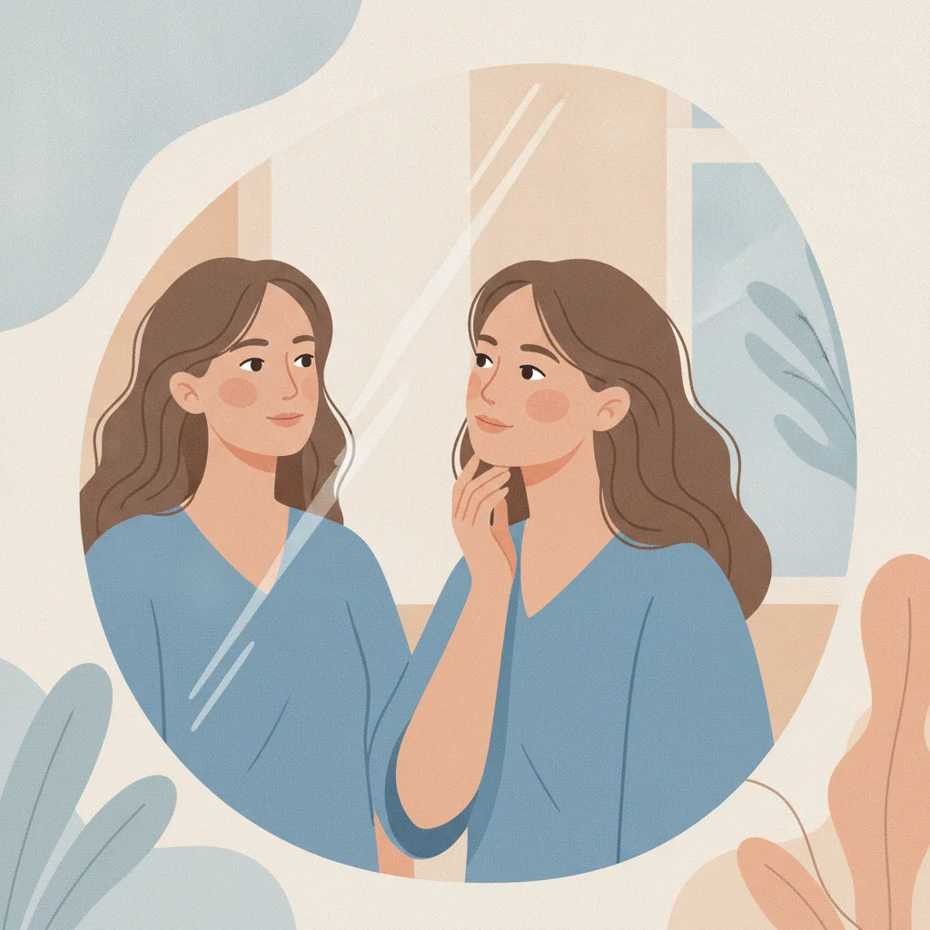 출산 후 턱선 처짐과 탄력 저하로 거울을 보며 고민하는 여성<p style=